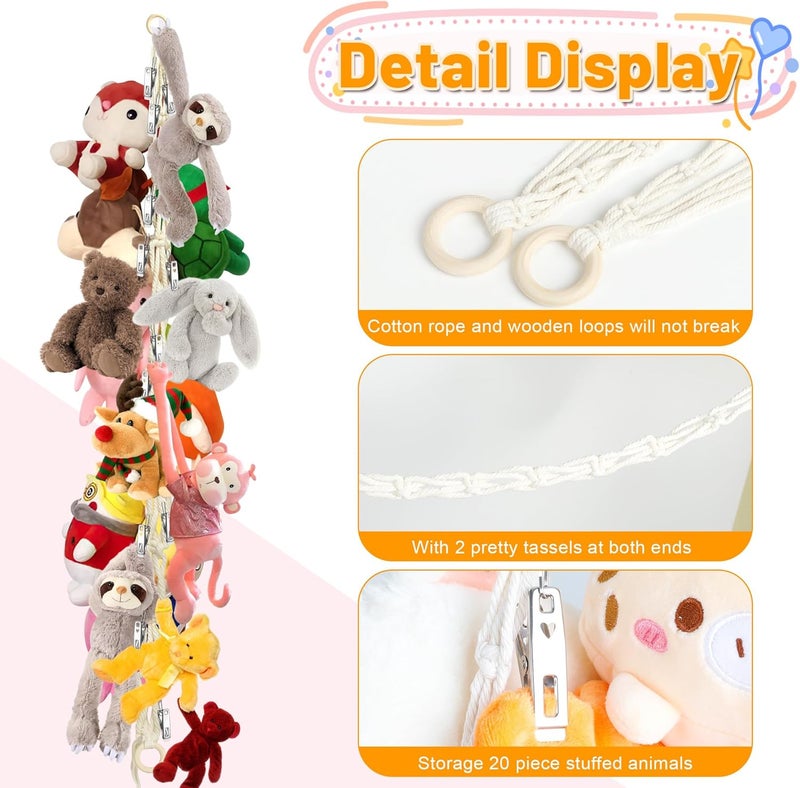 Dorblely Stuffed Animal Storage Hammock Corner - Hanging Stuffed Animal Holder with 20 PCS Metal Clips, Boho Stuffed Animal Organizer Chain for Hanging Hats Socks Holiday Cards - Image 1